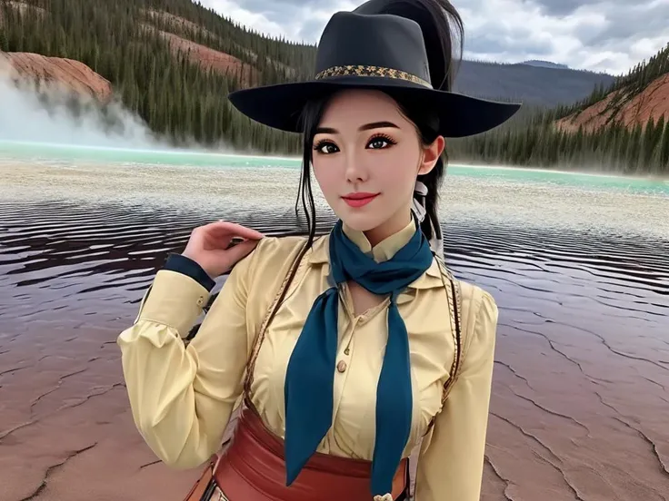 masterpiece, best quality, a perfect face, 1girl, high ponytail, black hair, wearing a Western wear with a neckerchief and a cowboy hat, at the Grand Prismatic Spring, realistic, photorealisitc, close shot, 8k, taken by a nikon camera