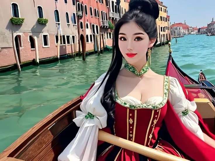 masterpiece, best quality, a perfect face, 1girl, high ponytail, black hair, wearing a red and green Renaissance style dress, looking at viewer, on board a gondola in Venice on a sunny day, realistic, photorealisitc, close shot, 8k, taken by a nikon camera