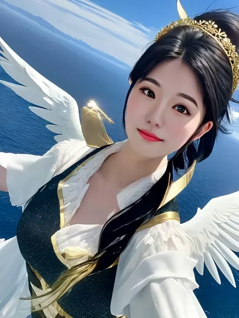 masterpiece, best quality, a perfect face, a kawaii face, 1girl, high ponytail, black hair, an angel with a golden halo and white wings, flying above the sky, sea of clouds underneath her, looking at viewer, realistic, photorealisitc, close shot, 8k, taken by a nikon camera, gradient filter, film grain