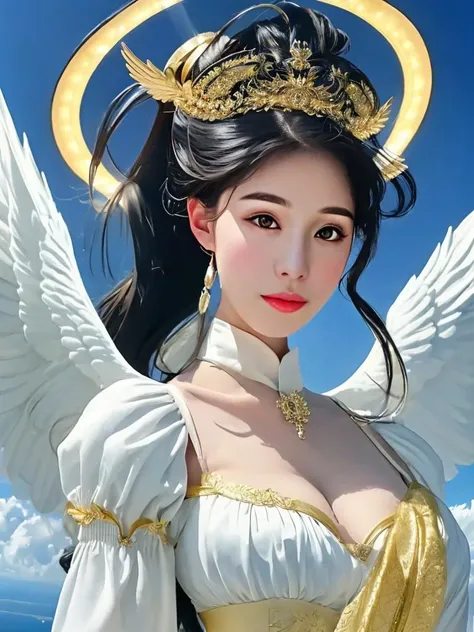 masterpiece, best quality, a perfect face, a kawaii face, 1girl, high ponytail, black hair, an angel with a golden halo and white wings, flying above the sky, sea of clouds underneath her, looking at viewer, close shot, 8k, gradient filter, film grain, in the style of Franois Boucher, oil painting