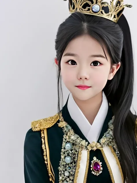 masterpiece, best quality, a perfect face, a kawaii face, , 1girl, high ponytail, black hair, crowned as a queen, looking at viewer, realistic, photorealisitc, close shot, cowboy shot, simple white background, 8k, taken by a nikon camera, gradient filter, film grain