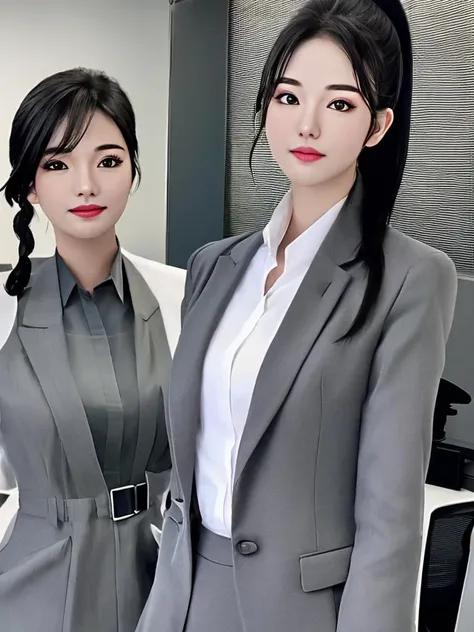 masterpiece, best quality, ((a perfect face 1girl on the left)) and ((an exceptional face 1girl on the right)), black hair, high ponytail, wearing a dark gray recruit suit, in a business office, close shot, 8k, taken by a nikon camera, gradient filter, film grain