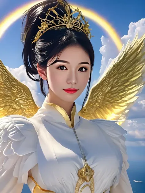 masterpiece, best quality, a perfect face, an exceptional face, 1girl, high ponytail, black hair, an angel with a golden halo and white wings, flying above the sky, sea of clouds underneath her, looking at viewer, realistic, photorealisitc, close shot, 8k, taken by a nikon camera, gradient filter, film grain