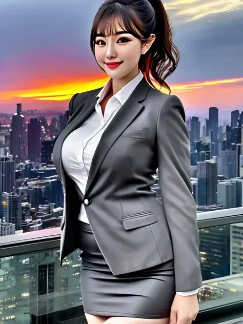 realistic, photo-realistic, 8k, ((masterpiece, best quality, a perfect face, an exceptional face)), (1 girl wearing detailed pencil-skirt and suit-jacket:1.3), (office lady), professional attire, elegant, smiling, shining hair, ponytail, BREAK,
18 years old, huge breast, huge ass, blurry gradient city scenery, (Beautiful Sunset background:1.2), [[from behind]], side shot, [[fluffy bangs]], looking at viewer, face focus