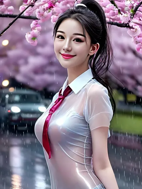masterpiece, best quality, a perfect face, an exceptional face, 1girl, high ponytail, wearing a [[see-through]] school uniform, wet clothes, soaked to the skin, on a rainy street at night, raining, cherry blossoms, looking at viewer, smiling, photorealistic, realistic, 8k