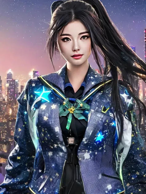 masterpiece, best quality, a perfect face, an exceptional face, 1girl, 15 years old, high ponytail, black hair, wearing a blue cyberpunk cybernetic mechanical robotic glowing sailor blazer school uniform, gradient beautiful night sky with stars, looking at viewer, (((photorealistic, realistic, 8k)))