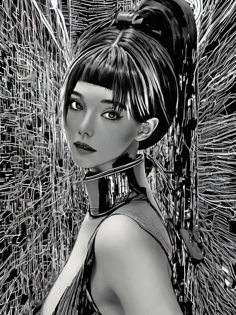((((masterpiece, best quality, a perfect face, an exceptional face, 1girl)))), (((high ponytail))), 18 years old, detailed face, black hair, slight smile, glitch effect, psychedelic cyberpunk futuristic cityscape at night, rainbow colored neon lights, impressionism, expressionism, maximalism, Jackson Pollock style, banksy style, van gogh style, universe, milky way, neural sparks, let there be light and there was light, goddess, omnipotent, zen, eyeballs, transcendence, cyberpunk, looking at viewer, 8k, realistic, photorealistic, 1920s grayscale film style