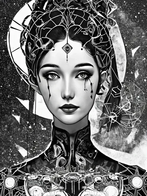 ((((masterpiece, best quality, a perfect face, an exceptional face, 1girl)))), (((high ponytail))), 18 years old, detailed face, black hair, slight smile, glitch effect, psychedelic cyberpunk futuristic cityscape at night, rainbow colored neon lights, impressionism, expressionism, maximalism, Jackson Pollock style, banksy style, van gogh style, picasso style, universe, milky way, neural sparks, let there be light and there was light, goddess, omnipotent, zen, eyeballs, transcendence, cyberpunk, steampunk, ink wash painting, cubist, looking at viewer, 8k, realistic, photorealistic, 1920s grayscale film style