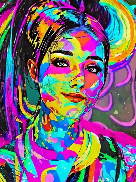 ((((masterpiece, best quality, a perfect face, an exceptional face, 1girl)))), (((high ponytail))), 18 years old, detailed face, black hair, slight smile, glitch effect, psychedelic cyberpunk futuristic cityscape at night, rainbow colored neon lights, impressionism, expressionism, maximalism, Jackson Pollock style, banksy style, van gogh style, looking at viewer, 8k, realistic, photorealistic