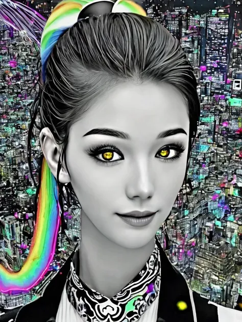 ((((masterpiece, best quality, a perfect face, an exceptional face, 1girl)))), (((high ponytail))), 18 years old, detailed face, black hair, slight smile, glitch effect, psychedelic cyberpunk futuristic cityscape at night, rainbow colored neon lights, impressionism, expressionism, maximalism, Jackson Pollock style, banksy style, van gogh style, universe, milky way, neural sparks, let there be light and there was light, goddess, omnipotent, zen, eyeballs, transcendence, cyberpunk, looking at viewer, 8k, realistic, photorealistic, 1920s grayscale film style