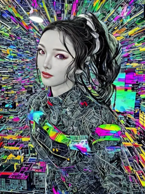 ((((masterpiece, best quality, a perfect face, an exceptional face, 1girl)))), (((high ponytail))), 18 years old, detailed face, black hair, slight smile, glitch effect, psychedelic cyberpunk futuristic cityscape at night, rainbow colored neon lights, impressionism, expressionism, maximalism, Jackson Pollock style, banksy style, van gogh style, universe, milky way, neural sparks, let there be light and there was light, goddess, omnipotent, zen, eyeballs, transcendence, cyberpunk, looking at viewer, 8k, realistic, photorealistic, 1920s grayscale film style