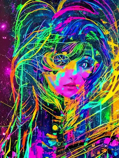 ((((masterpiece, best quality, a perfect face, an exceptional face, 1girl)))), (((high ponytail))), 18 years old, detailed face, black hair, slight smile, glitch effect, psychedelic cyberpunk futuristic cityscape at night, rainbow colored neon lights, impressionism, expressionism, maximalism, Jackson Pollock style, banksy style, van gogh style, universe, milky way, neural sparks, let there be light and there was light, goddess, omnipotent, zen, eyeballs, transcendence, cyberpunk, looking at viewer, 8k, realistic, photorealistic