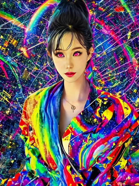 ((((masterpiece, best quality, a perfect face, an exceptional face, 1girl)))), (((high ponytail))), 18 years old, detailed face, black hair, slight smile, glitch effect, psychedelic cyberpunk futuristic cityscape at night, rainbow colored neon lights, impressionism, expressionism, maximalism, Jackson Pollock style, banksy style, van gogh style, universe, milky way, neural sparks, let there be light and there was light, goddess, omnipotent, zen, eyeballs, transcendence, cyberpunk, looking at viewer, 8k, realistic, photorealistic