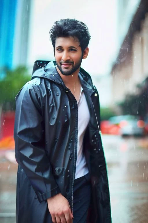 mahesh babu a man <lora:Rohit-Saraf_Mahesh-Babu:1>, wearing a rain coat, crop top, city street, bokeh, homoerotic, rainy day, 