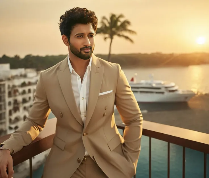 Nautical-themed (Photo:1.3) of (Ultrarealistic:1.3) <lora:Man_Men_FFashion:1> mahesh babu a man <lora:Rohit-Saraf_Mahesh-Babu:1> in a tan suit standing on a balcony, sun behind him, inspired by Pablo Munoz Gomez, shot at golden hour, editorial photograph, midshot of a hunky, by Roman Bezpalkiv, by Artur Tarnowski, maxim sukharev, by Gabor Szikszai,Highly Detailed,(Mono Color:1.3) . Sea, ocean, ships, maritime, beach, marine life, highly detailed