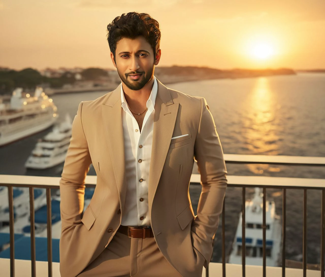 Nautical-themed (Photo:1.3) of (Ultrarealistic:1.3) <lora:Man_Men_FFashion:1> mahesh babu a man <lora:Rohit-Saraf_Mahesh-Babu:1> in a tan suit standing on a balcony, sun behind him, inspired by Pablo Munoz Gomez, shot at golden hour, editorial photograph, midshot of a hunky, by Roman Bezpalkiv, by Artur Tarnowski, maxim sukharev, by Gabor Szikszai,Highly Detailed,(Mono Color:1.3) . Sea, ocean, ships, maritime, beach, marine life, highly detailed