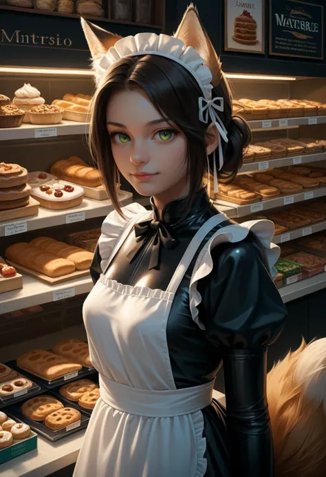 score_9, score_8_up, score_7_up, score_6_up, source_anime, masterpiece, newest,
1girl, solo, symmetry, straight on, upper body, fox ears, fox tail, kyuubi, tail, small breasts, animal ear fluff, (ear tufts:1.2), maid, pastry, shop, standing, old shop, old interior, cozy, comfy, soft lighting, warm lighting, looking at viewer, realistic, cgi, latex, green eyes