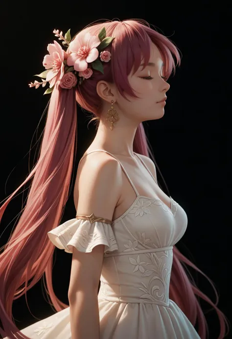 source_anime, score_9,score_8_up,score_7_up,score_6_up,score_5_up,score_4_up,
1girl, solo, magenta hair, hair ornament, long hair, flower, closed eyes, hair flower, jewelry, twintails, dress, earrings,  hair ornament, very long hair, bracelet, simple background, black background