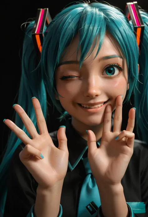 score_9, score_8_up, score_7_up, score_6_up, source_anime, masterpiece, newest, Pixar, 3d, beautiful face 
1 girl, solo, close-up, hatsune miku, cute, smile, vocaloid, neon, one eye closed, kiss, fingers, secret hand sign, five fingers, perfect, 5 fingers, aqua hair