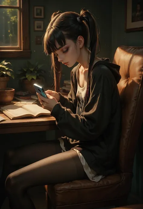 score_9, score_8_up, score_7_up, score_6_up, source_anime, masterpiece, newest,
1girl, solo, skinny, black pantyhose, loose clothes, goth, Colored eyelashes, black hair, twintails, smartphone, studying, from side
Shiny skin, simple background, leaning back, dynamic lighting, modern, vogue