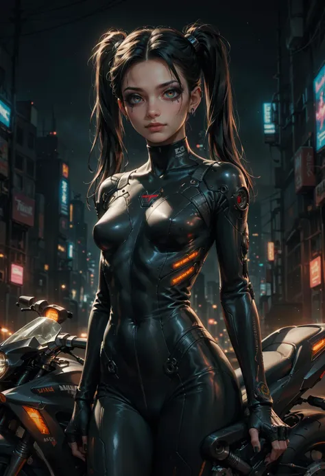 score_9, score_8_up, score_7_up, score_6_up, source_anime, masterpiece, newest,
1 girl, solo, skinny, bodysuit, grinning, Colored eyelashes, cyberpunk, at night, motorbike, futuristic, black hair, twin tails, piercings goth makeup, dark background. (Black:0.5), faded