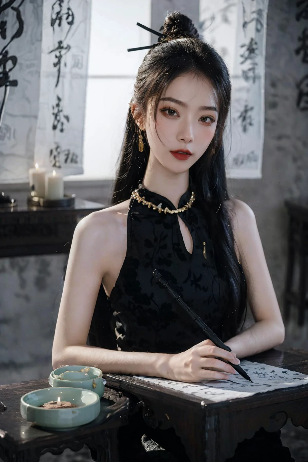 ((masterpiece), (best quality), ultra high res, (raw photo:1.2), (photorealistic:1.4), Exceptional detail, dramatic lighting, highres, 8k, absurdres, solo, calligraphy_background, ((Chinese calligraphy)), holding, black cheongsam, writing, table, Chinese Ancient temple, Chinese tower, indoor, sunset, ((Chinese candle light)),
CN Girl5, bare shoulders, off shoulder, navel, piercing, long hair, solo, black hair, navel, golden accessories, necklace, golden hair ornament, looking at viewer, medium breasts,
<lora:CN_Girl4_v2-000010:0.6>, <lora:caligraphy_background:0.85>