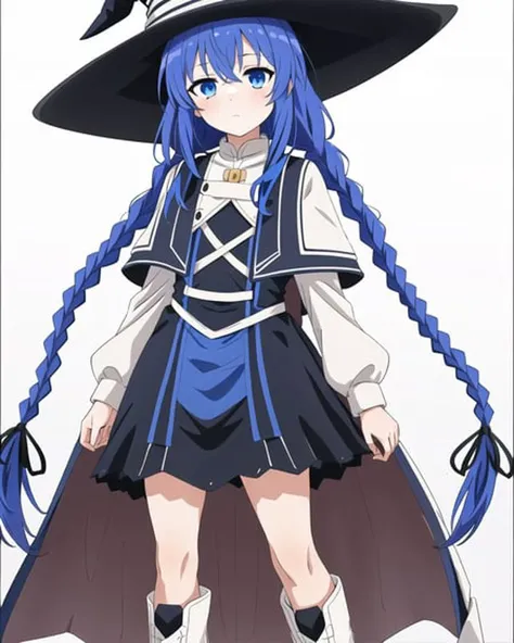 detailed,masterpiece,ultra-detailed,solo,(1girl),(Delicate eyes),(white background:1.3),roxy migurdia, blue_eyes, long_hair, witch_hat, boots, blue_hair, twinbraids on back,short locks, expressionless, ribbon, long_sleeves, knee_boots, hair_ribbon,(standing:1.1),