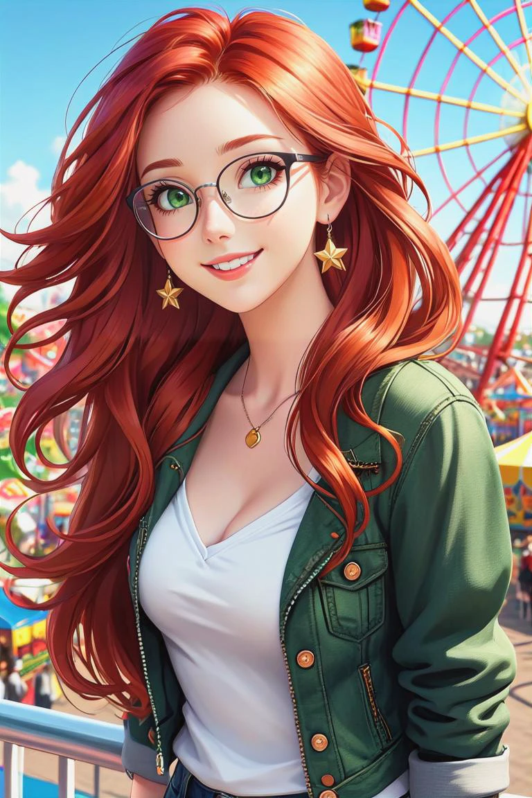 1 cute girl, her long red hair blowing in the wind, most beautiful, cute, (gorgeous face), beautiful detailed face and eyes, eyeliner, big lips, (((long shiny hair))), (((extreme red hair))):1.8, (((small narrow glasses))), (silver framed glasses), deep green eyes, slim waist, narrow shoulders, short torso, soft thighs, short face, few freckles, (small breats), smile, look at the viewer, she wears a white v-neck top under a short black denim jacket with long sleeves, she also wears white jeans, earrings, cleavage, stands on funfair, a Ferris wheel can be seen in the background, upper body view,
(masterpiece:1.2), (best quality:1.2), newest, ai-generated, ultra-detailed, best shadow, detailed background, high contrast, (best illumination, an extremely delicate and beautiful), ((cinematic light)), hyper detail, dramatic light, intricate details, 8k, anime, very aesthetic