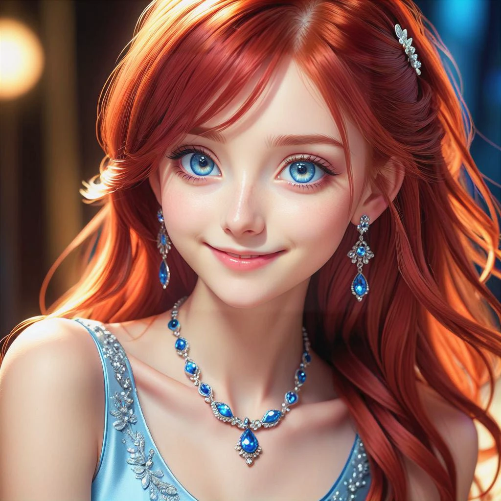a extreme close up from 1 beautiful and cute girl, head shot, detailed blue-silver eyes, long red hair, slim body, small breasts, beautiful dainty necklace, beautiful dainty earrings, shy smile, beautiful dress, (masterpiece:1.2), (best quality:1.2), newest, ai-generated, ultra-detailed, best shadow, detailed background, high contrast, (best illumination, an extremely delicate and beautiful), ((cinematic light)), hyper detail, dramatic light, intricate details, 8k, anime, very aesthetic, vibrant color,