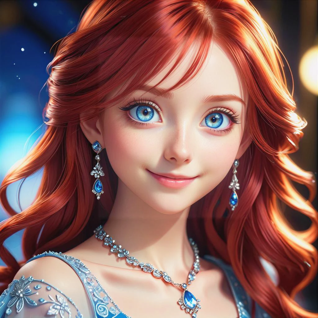 a extreme close up from 1 beautiful and cute girl, head shot, detailed blue-silver eyes, long red hair, slim body, small breasts, beautiful dainty necklace, beautiful dainty earrings, shy smile, beautiful dress, (masterpiece:1.2), (best quality:1.2), newest, ai-generated, ultra-detailed, best shadow, detailed background, high contrast, (best illumination, an extremely delicate and beautiful), ((cinematic light)), hyper detail, dramatic light, intricate details, 8k, anime, very aesthetic, vibrant color,