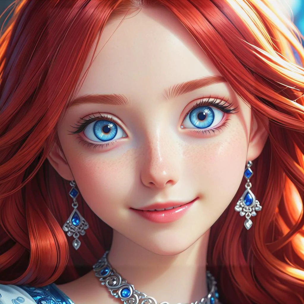 a close up from 1 beautiful and cute girl, extreme close-up, detailed blue-silver eyes, long red hair, beautiful dainty necklace, shy smile, (masterpiece:1.2), (best quality:1.2), newest, ai-generated, ultra-detailed, best shadow, detailed background, high contrast, (best illumination, an extremely delicate and beautiful), ((cinematic light)), hyper detail, dramatic light, intricate details, 8k, anime, very aesthetic, vibrant color,