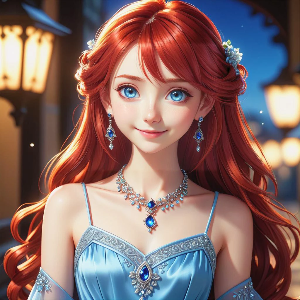 a close up from 1 beautiful and cute girl, detailed blue-silver eyes, long red hair, slim body, small breasts, beautiful dainty necklace, beautiful dainty earrings, shy smile, beautiful dress, (masterpiece:1.2), (best quality:1.2), newest, ai-generated, ultra-detailed, best shadow, detailed background, high contrast, (best illumination, an extremely delicate and beautiful), ((cinematic light)), hyper detail, dramatic light, intricate details, 8k, anime, very aesthetic, vibrant color,