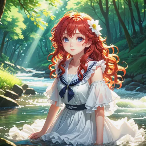 1 girl, long wavy curly red hair, expressionless, ((white idol dress)), anglesailor dress, (detailed wet clothes), silk shawl, frills,cute anime face ,blush,(beautiful detailed eyes), nature, sunlight, river, forest, beautiful and delicate water, shine, small breats, (masterpiece:1.2), (best quality:1.2), newest, ai-generated, ultra-detailed, best shadow, detailed background, high contrast, (best illumination, an extremely delicate and beautiful), ((cinematic light)), hyper detail, dramatic light, intricate details, 8k, anime, very aesthetic, vibrant color,