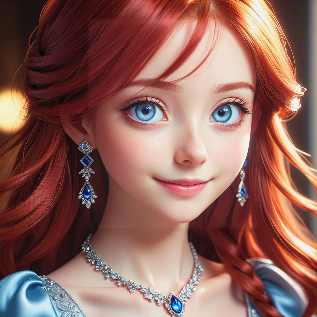 a extreme close up from 1 beautiful and cute girl, head shot, detailed blue-silver eyes, long red hair, slim body, small breasts, beautiful dainty necklace, beautiful dainty earrings, shy smile, beautiful dress, (masterpiece:1.2), (best quality:1.2), newest, ai-generated, ultra-detailed, best shadow, detailed background, high contrast, (best illumination, an extremely delicate and beautiful), ((cinematic light)), hyper detail, dramatic light, intricate details, 8k, anime, very aesthetic, vibrant color,