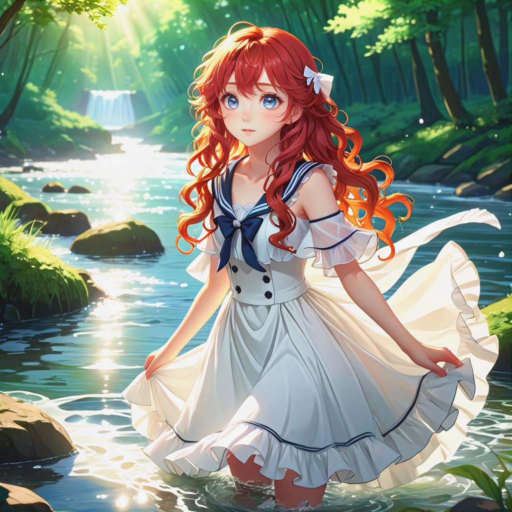 1 girl, long wavy curly red hair, expressionless, ((white idol dress)), anglesailor dress, (detailed wet clothes), silk shawl, frills,cute anime face ,blush,(beautiful detailed eyes), nature, sunlight, river, forest, beautiful and delicate water, shine, small breats, (masterpiece:1.2), (best quality:1.2), newest, ai-generated, ultra-detailed, best shadow, detailed background, high contrast, (best illumination, an extremely delicate and beautiful), ((cinematic light)), hyper detail, dramatic light, intricate details, 8k, anime, very aesthetic, vibrant color,