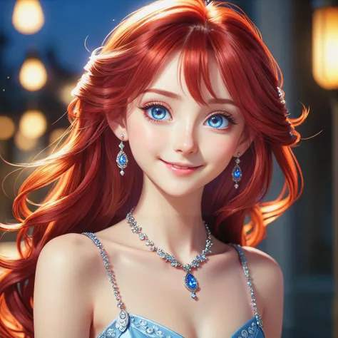 a close up from 1 beautiful and cute girl, detailed blue-silver eyes, long red hair,  slim body, small breasts, beautiful dainty necklace, beautiful dainty earrings,  shy smile, beautiful dress,  (masterpiece:1.2), (best quality:1.2), newest, ai-generated, ultra-detailed, best shadow, detailed background, high contrast, (best illumination, an extremely delicate and beautiful), ((cinematic light)), hyper detail, dramatic light, intricate details, 8k, anime, very aesthetic, vibrant color,