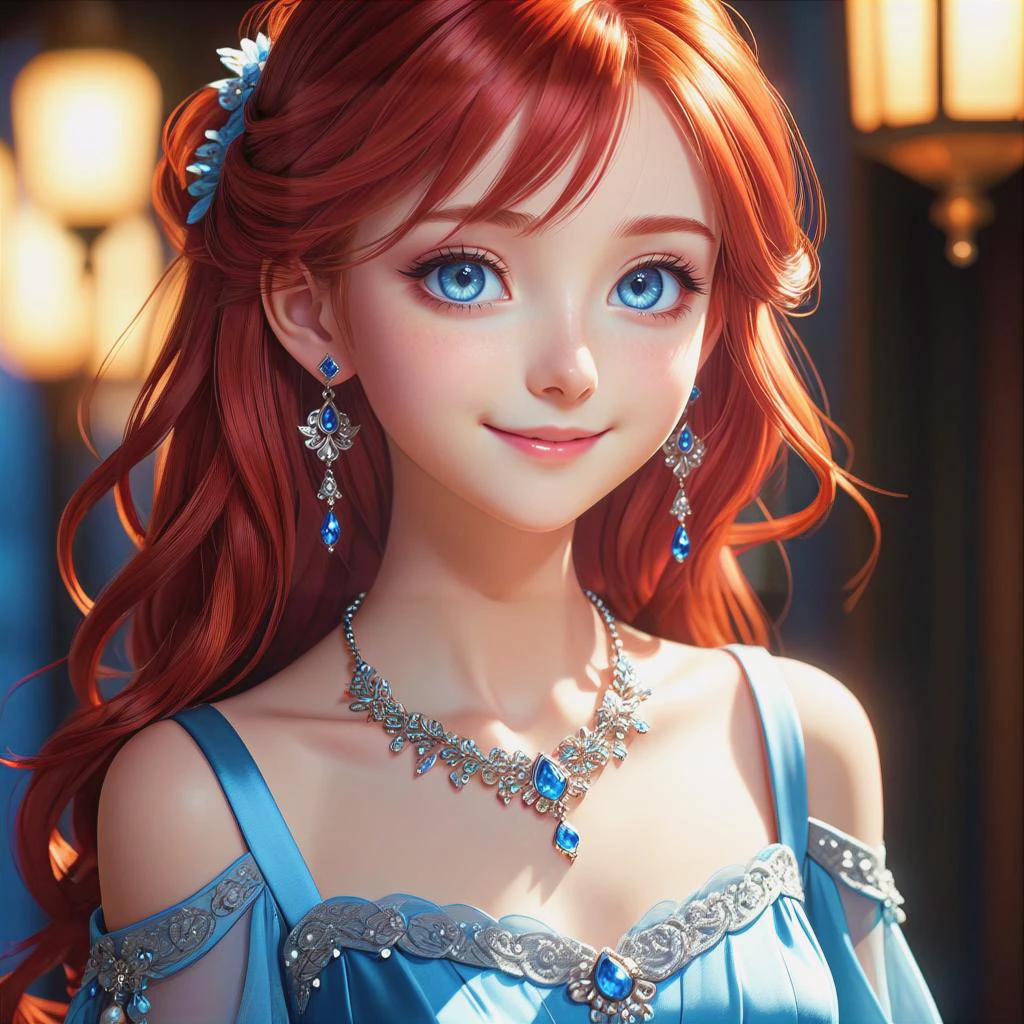 a close up from 1 beautiful and cute girl, detailed blue-silver eyes, long red hair, slim body, small breasts, beautiful dainty necklace, beautiful dainty earrings, shy smile, beautiful dress, (masterpiece:1.2), (best quality:1.2), newest, ai-generated, ultra-detailed, best shadow, detailed background, high contrast, (best illumination, an extremely delicate and beautiful), ((cinematic light)), hyper detail, dramatic light, intricate details, 8k, anime, very aesthetic, vibrant color,
