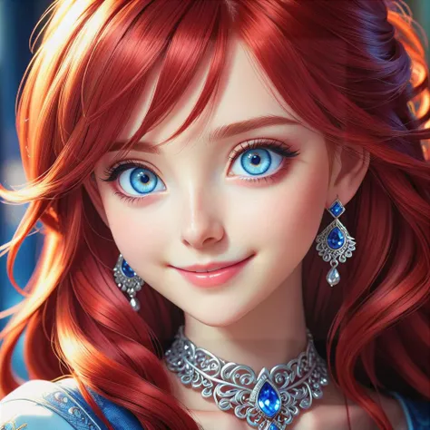 a extreme close up from 1 beautiful and cute girl, head shot, detailed blue-silver eyes, long red hair, beautiful dainty necklace, beautiful dainty earrings, shy smile, (masterpiece:1.2), (best quality:1.2), newest, ai-generated, ultra-detailed, best shadow, detailed background, high contrast, (best illumination, an extremely delicate and beautiful), ((cinematic light)), hyper detail, dramatic light, intricate details, 8k, anime, very aesthetic, vibrant color,
