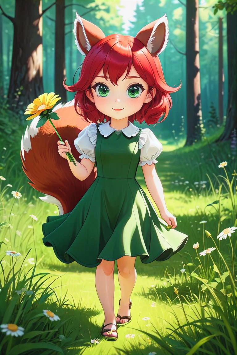 1girl, (extreme red hair), short hair, deep green eyes, small squirrel ears, cute fluffy squirrel tail, small dark green dress, (she is holding a flower in her hands, looks at the viewer, stands on a summer meadow, background summer forest, full body view, smile,
(masterpiece, best quality, ultra-detailed, best shadow), detailed background, (beautiful detailed face), high contrast, (best illumination, an extremely delicate and beautiful), ((cinematic light)), hyper detail, dramatic light, intricate details, 8k, anime, very aesthetic,