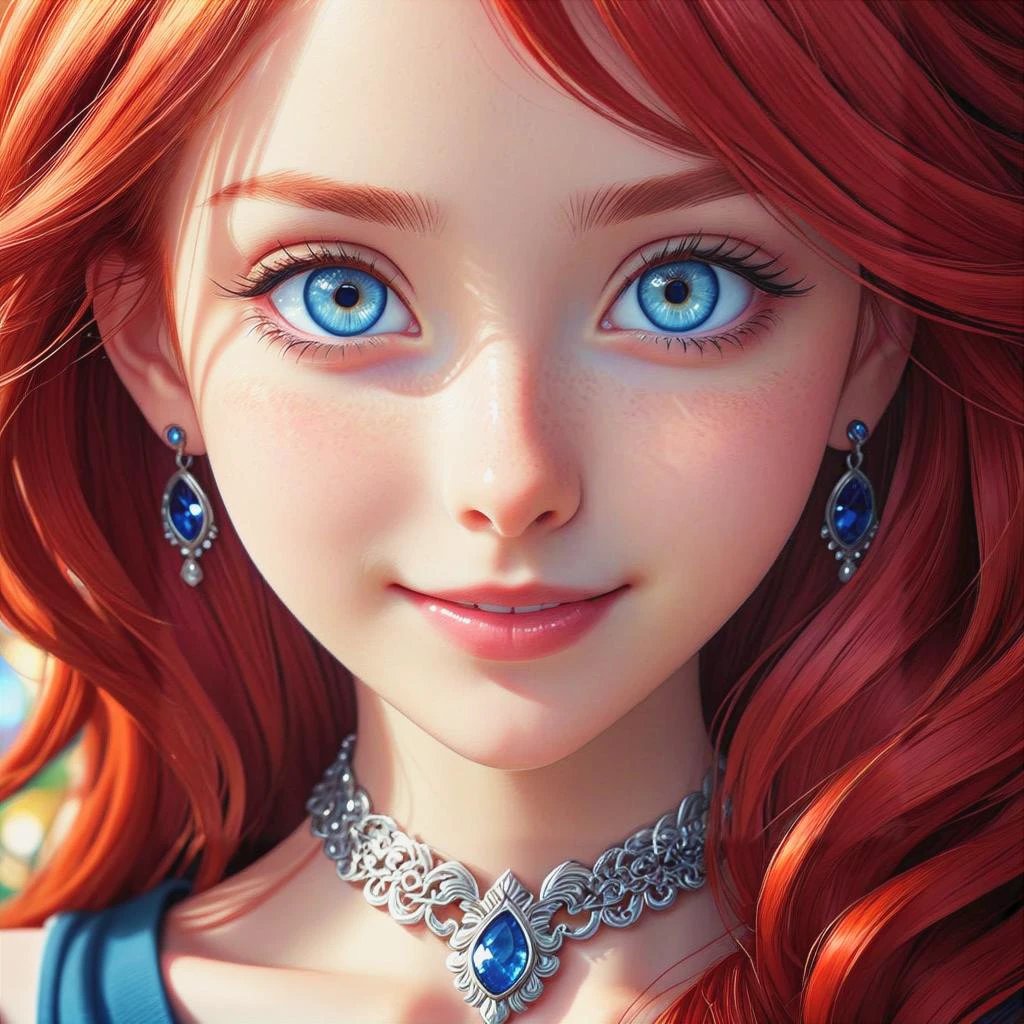 a close up from 1 beautiful and cute girl, extreme close-up, detailed blue-silver eyes, long red hair, beautiful dainty necklace, shy smile, (masterpiece:1.2), (best quality:1.2), newest, ai-generated, ultra-detailed, best shadow, detailed background, high contrast, (best illumination, an extremely delicate and beautiful), ((cinematic light)), hyper detail, dramatic light, intricate details, 8k, anime, very aesthetic, vibrant color,