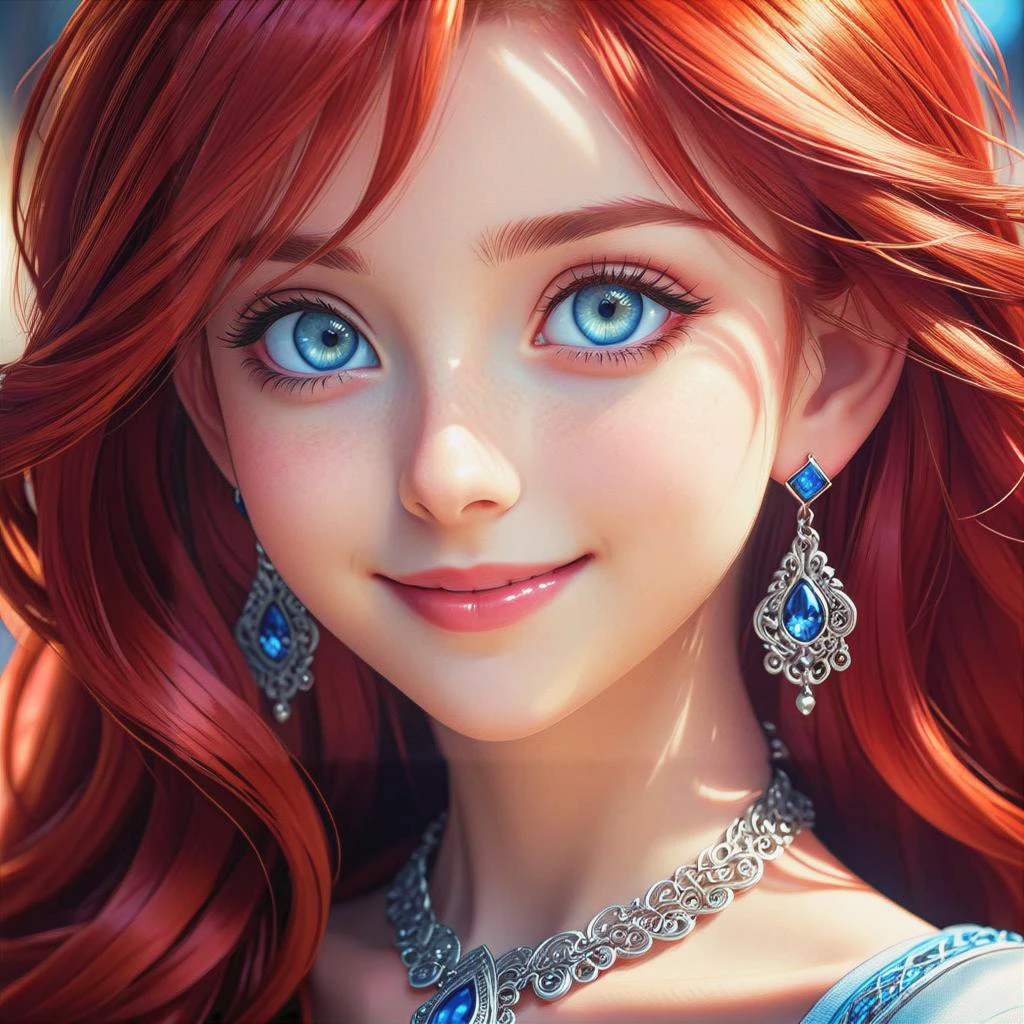 a extreme close up from 1 beautiful and cute girl, head shot, detailed blue-silver eyes, long red hair, beautiful dainty necklace, beautiful dainty earrings, shy smile, (masterpiece:1.2), (best quality:1.2), newest, ai-generated, ultra-detailed, best shadow, detailed background, high contrast, (best illumination, an extremely delicate and beautiful), ((cinematic light)), hyper detail, dramatic light, intricate details, 8k, anime, very aesthetic, vibrant color,