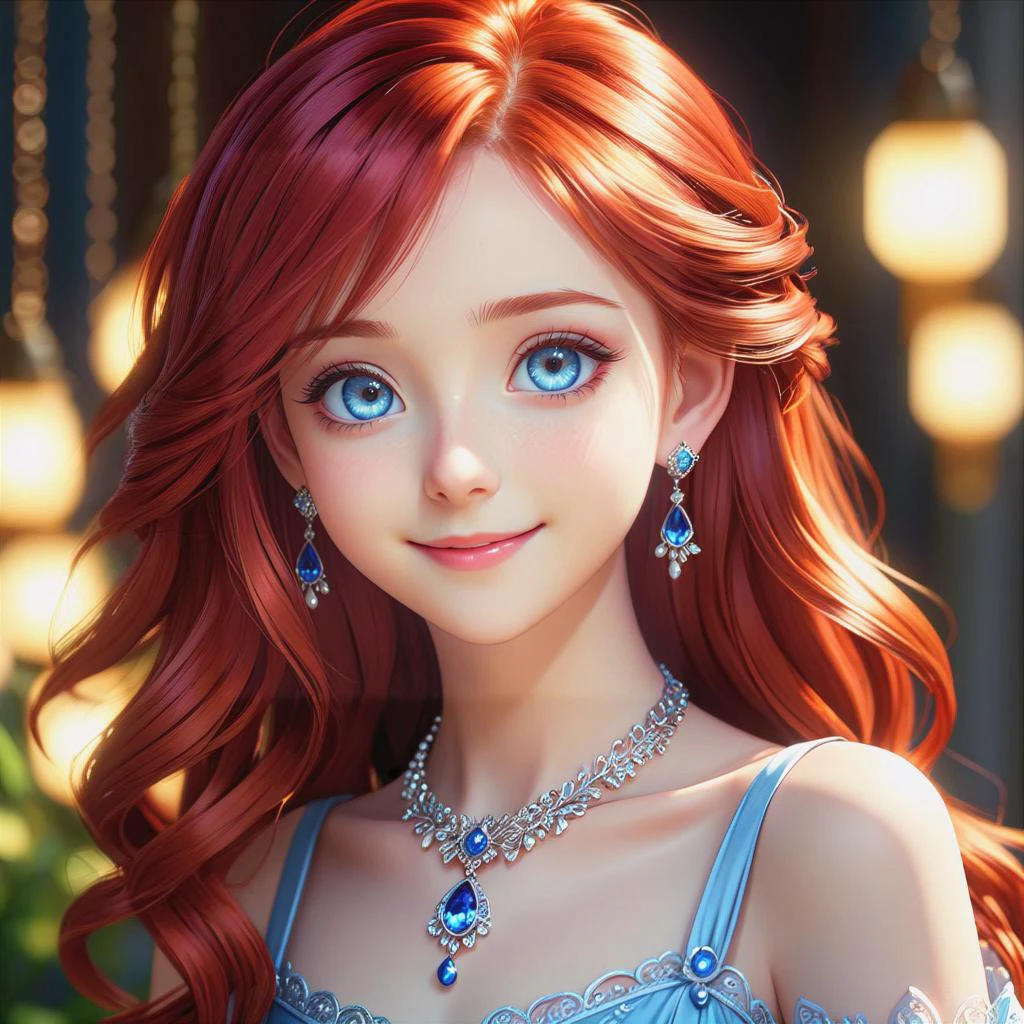a close up from 1 beautiful and cute girl, detailed blue-silver eyes, long red hair, slim body, small breasts, beautiful dainty necklace, beautiful dainty earrings, shy smile, beautiful dress, (masterpiece:1.2), (best quality:1.2), newest, ai-generated, ultra-detailed, best shadow, detailed background, high contrast, (best illumination, an extremely delicate and beautiful), ((cinematic light)), hyper detail, dramatic light, intricate details, 8k, anime, very aesthetic, vibrant color,