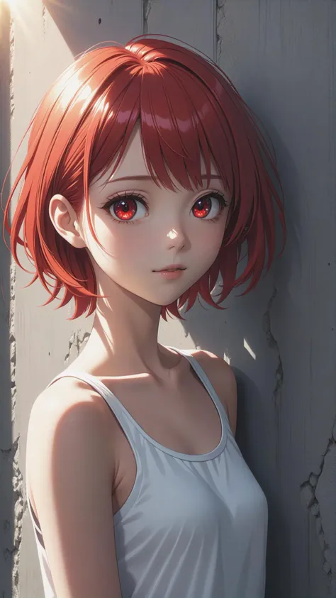 1 beautiful girl, details red eyes, short red hair, cool pose, concrete wall, slim body, small breasts, rays of sunshine, photorealisim, cinematic, (masterpiece:1.2), (best quality:1.2), newest, ai-generated, ultra-detailed, best shadow, detailed background, high contrast, (best illumination, an extremely delicate and beautiful), ((cinematic light)), hyper detail, dramatic light, intricate details, 8k, anime, very aesthetic, vibrant color,