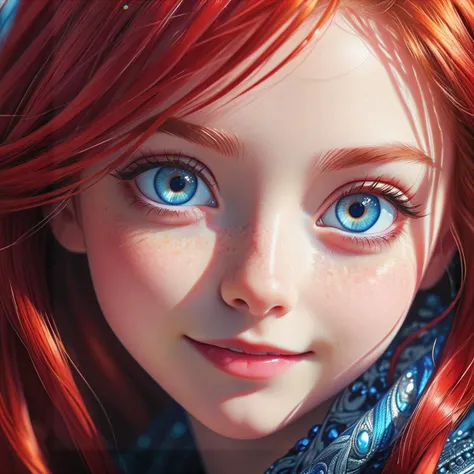 a close up from 1 beautiful and cute girl, extreme close-up, detailed blue-silver eyes, long red hair, shy smile, (masterpiece:1.2), (best quality:1.2), newest, ai-generated, ultra-detailed, best shadow, detailed background, high contrast, (best illumination, an extremely delicate and beautiful), ((cinematic light)), hyper detail, dramatic light, intricate details, 8k, anime, very aesthetic, vibrant color,