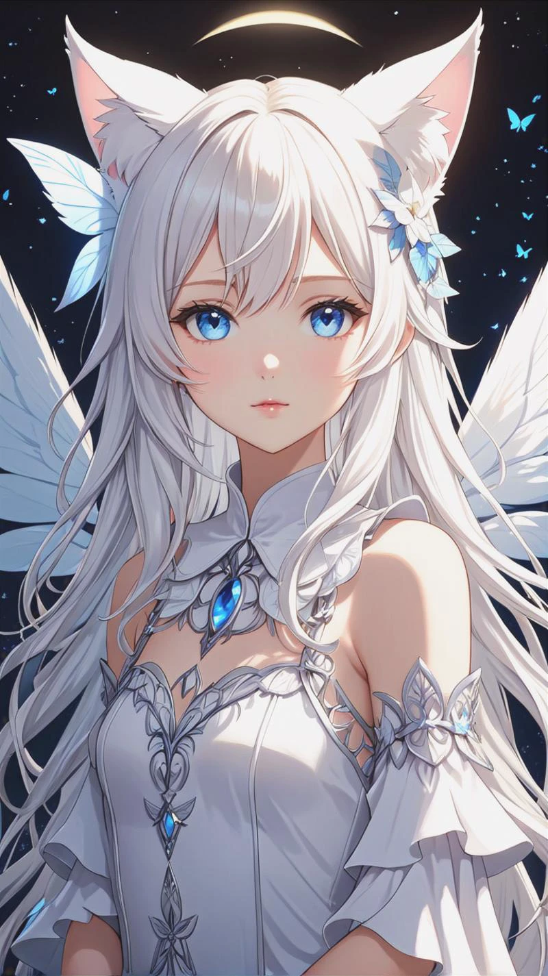 a young white girl in a fairy outfit with white cat ears and wings, 1girl, solo, long hair, blue eyes, wings, looking at viewer, animal ears, upper body, hair ornament, white hair, closed mouth, looking at viewer, from the front,
(masterpiece, best quality, ultra-detailed, best shadow), detailed background, (beautiful detailed face), high contrast, (best illumination, an extremely delicate and beautiful), ((cinematic light)), hyper detail, dramatic light, intricate details, 8k, anime, very aesthetic,
