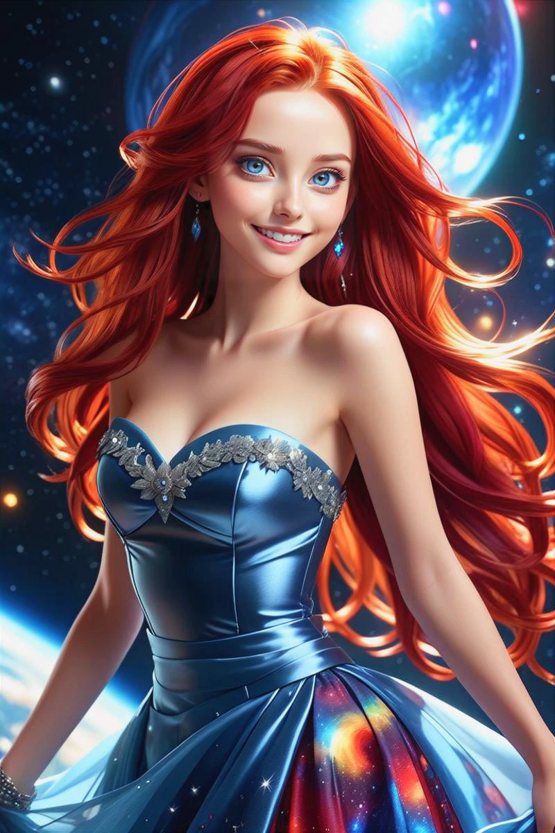 1 girl, most beautiful girl in the universe, perfect beautiful face, beautiful depp blue-silver eyes, extreme long fiery red hair, shy smile, slim body, small breasts, (colorful half-transparent dress, strapless, sleeveless), universe in background,
(masterpiece:1.2), (best quality:1.2), newest, ai-generated, ultra-detailed, best shadow, detailed background, high contrast, (best illumination, an extremely delicate and beautiful), ((cinematic light)), hyper detail, dramatic light, intricate details, 8k, anime, very aesthetic,