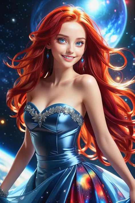 1 girl, most beautiful girl in the universe, perfect beautiful face, beautiful depp blue-silver eyes, extreme long fiery red hair, shy smile, slim body, small breasts, (colorful half-transparent dress, strapless, sleeveless), universe in background,
(masterpiece:1.2), (best quality:1.2), newest, ai-generated, ultra-detailed, best shadow, detailed background, high contrast, (best illumination, an extremely delicate and beautiful), ((cinematic light)), hyper detail, dramatic light, intricate details, 8k, anime, very aesthetic,