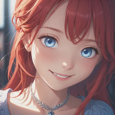 a close up from 1 beautiful and cute girl, extreme close-up, detailed blue-silver eyes, long red hair, beautiful dainty necklace, shy smile, (masterpiece:1.2), (best quality:1.2), newest, ai-generated, ultra-detailed, best shadow, detailed background, high contrast, (best illumination, an extremely delicate and beautiful), ((cinematic light)), hyper detail, dramatic light, intricate details, 8k, anime, very aesthetic, vibrant color,
