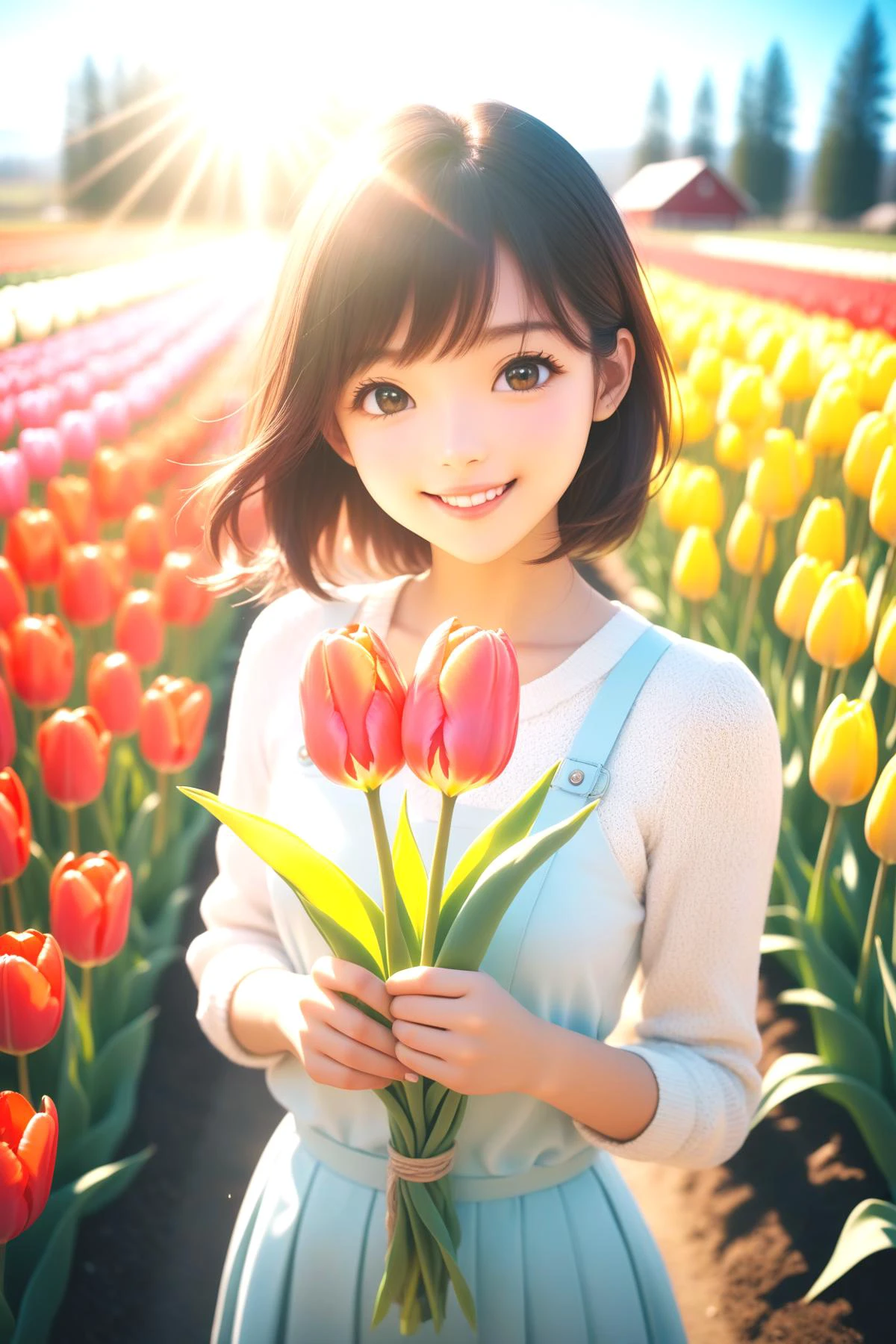 1 girl, smile , sunlight , lens flare reflection,lomography, analog photography, vibrant colors, soft focus, light leaks, dreamy atmosphere, experimental charm, nostalgic appeal, looking into the viewer, tulips flower farm in bg, holding 1 tulip flower in right hand, perfect fingers,
(masterpiece:1.2), (best quality:1.2), newest, ai-generated, ultra-detailed, detailed background, (best illumination, an extremely delicate and beautiful), intricate details, 8k, anime, very aesthetic,