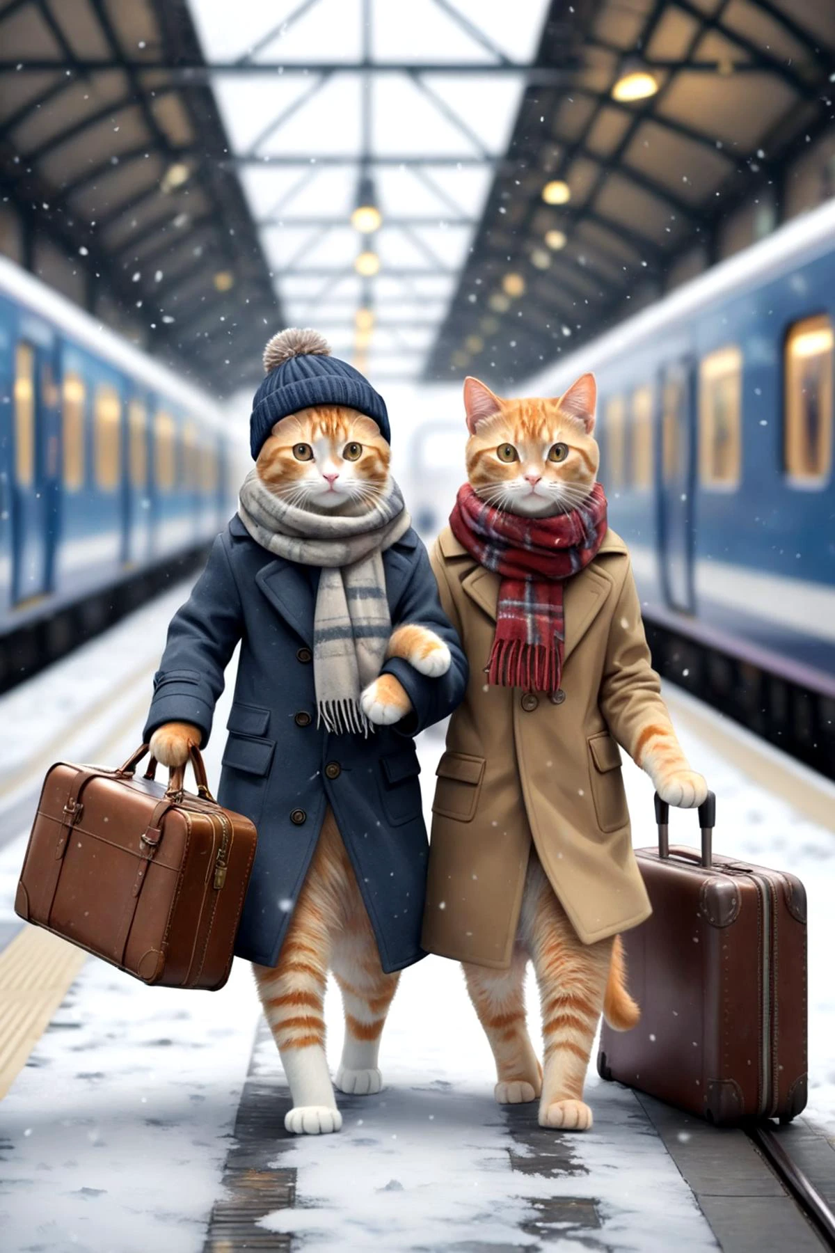 masterpiece, (photorealistic:1.4), 2 cats, walking, realistic, hat, ((holding)), standing, bag, scarf, blurry, coat, no humans, depth of field, blurry background, animal, cat, walking, realistic, beanie, winter clothes, ((UK style clothes)), animal focus, suitcase, clothed animal, falling_snow, at train station,